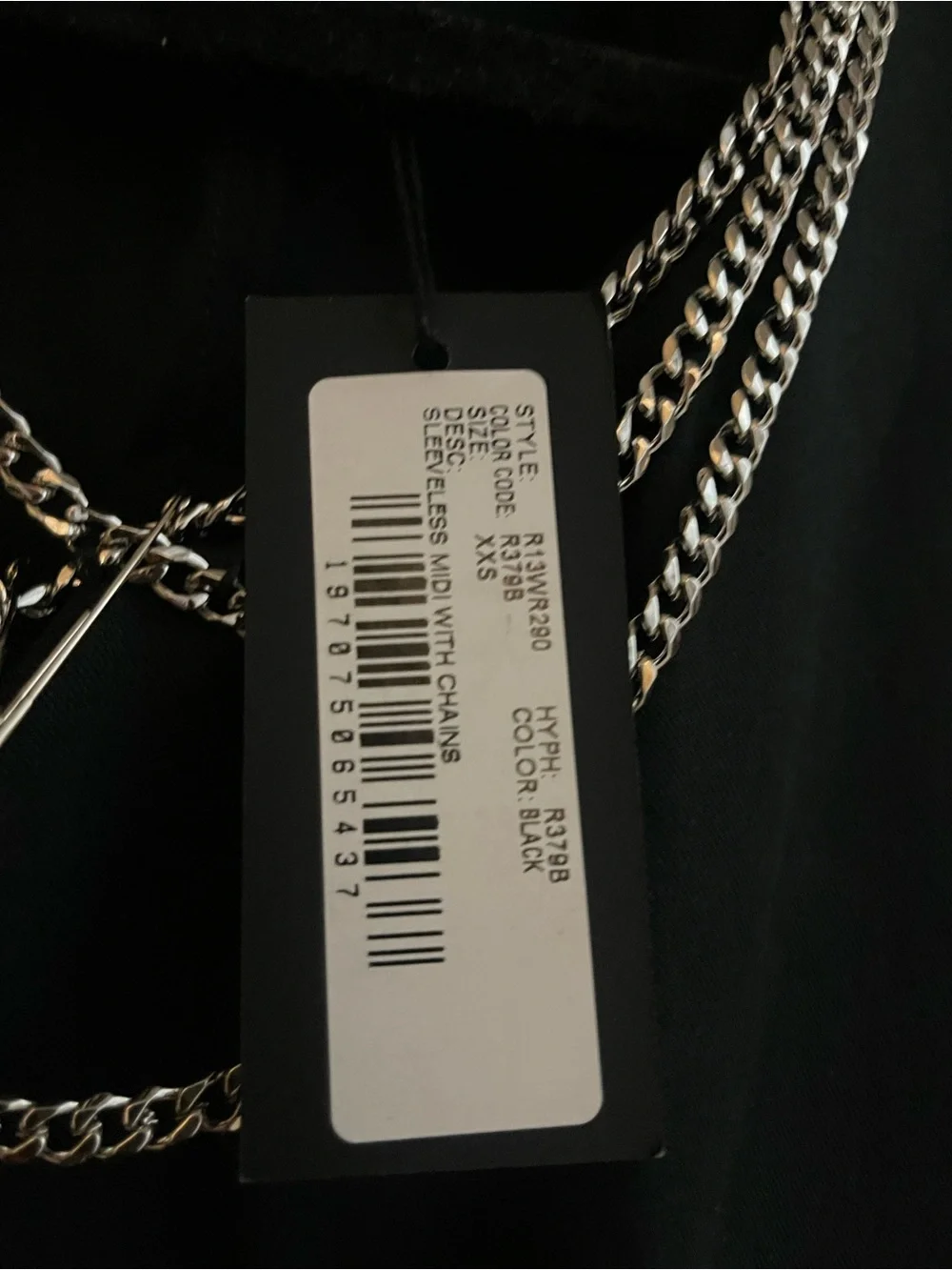 R13 Black Sleeveless Midi Dress with Chain at Neck & Hem